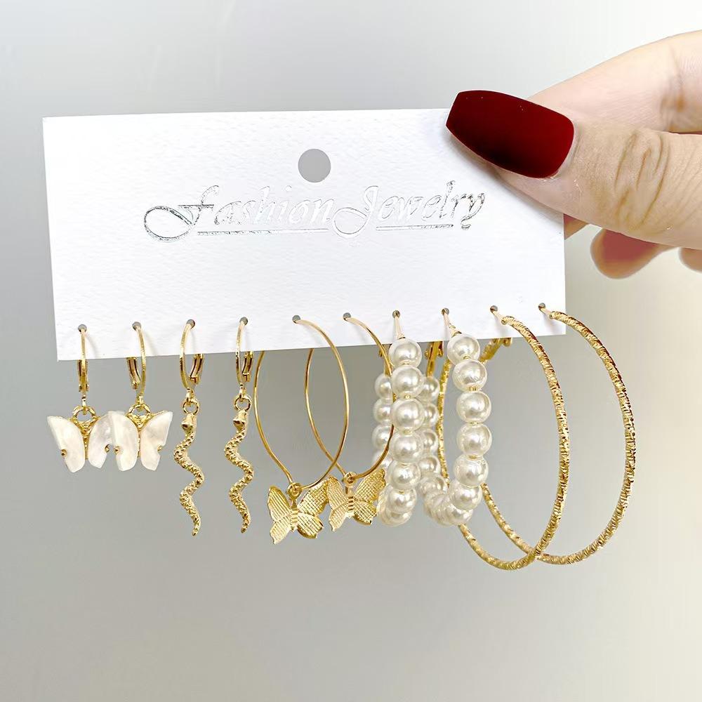 5pcs Set Creativity Snake Shape Acrylic Butterfly Pearl Dangle Earring Set for Women Fashion Hoop Earring Jewelry Accessories