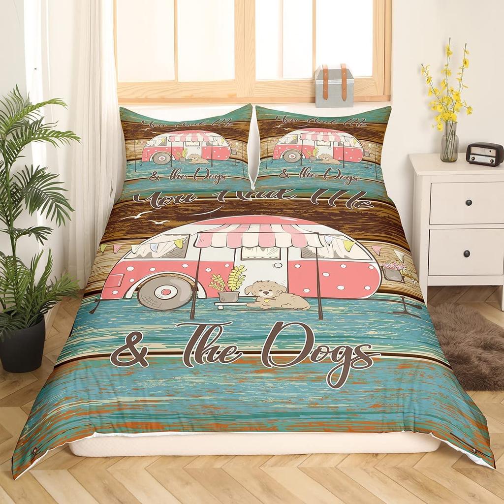 Happy Camping Comforter Cover King, Summer Camping Decoration Bedding For Boy Teens Family, Beach Vacation Style Duvet Cover Set