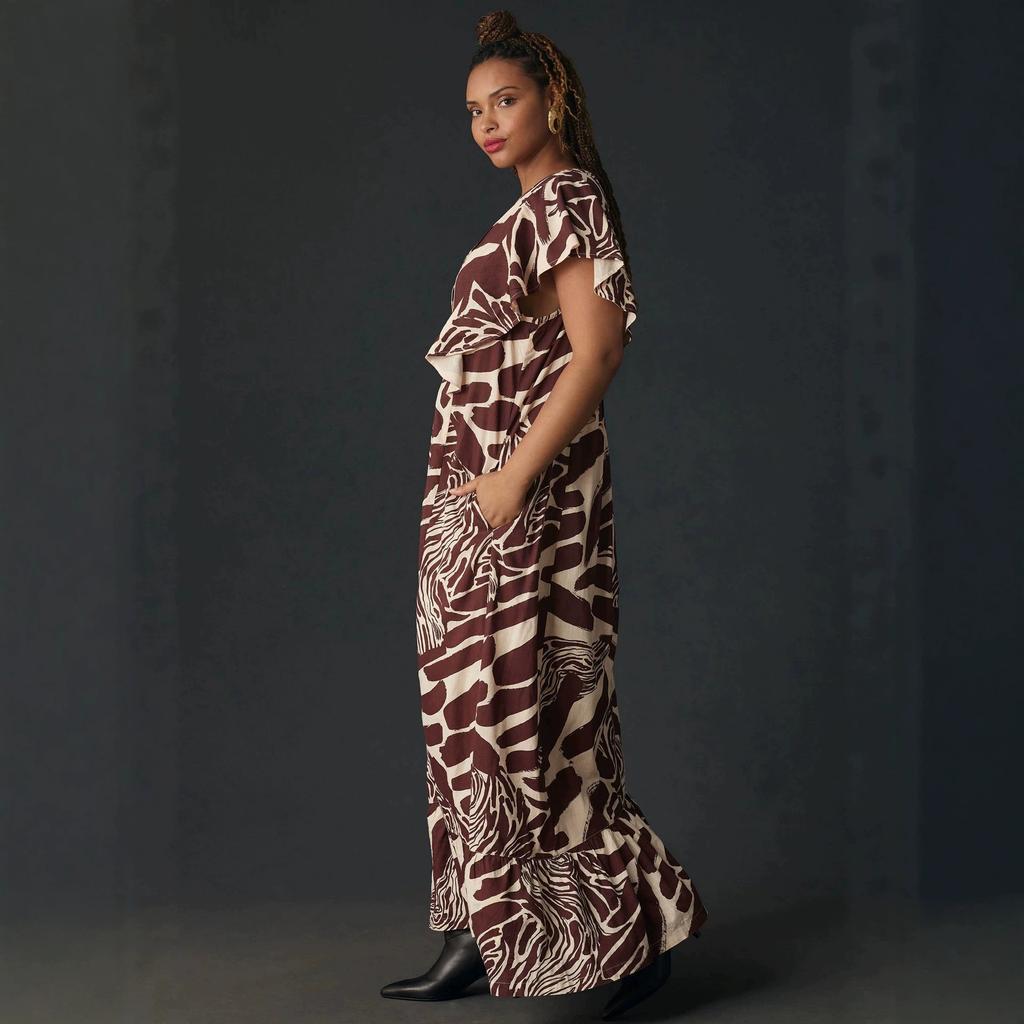 European and American Style Flower Printing V-neck Flying Sleeve Dress Women's Pleated Waist Loose and Thin Holiday Style Big Swing Dress