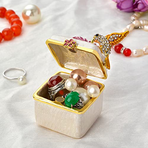 FJ FENGZHIJIE Golden Crystal Enamel Bird & Flower Jewelry Box, Hand-Painted Hinged Trinket Box, Elegant Home Decor & Unique Gift for Women