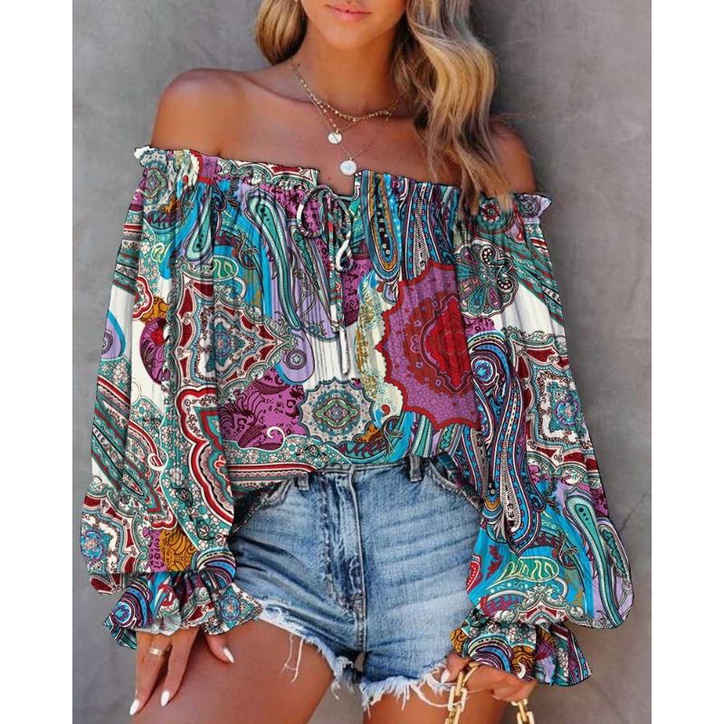 Women S One Shoulder Long Sleeve Printed Casual Shirt