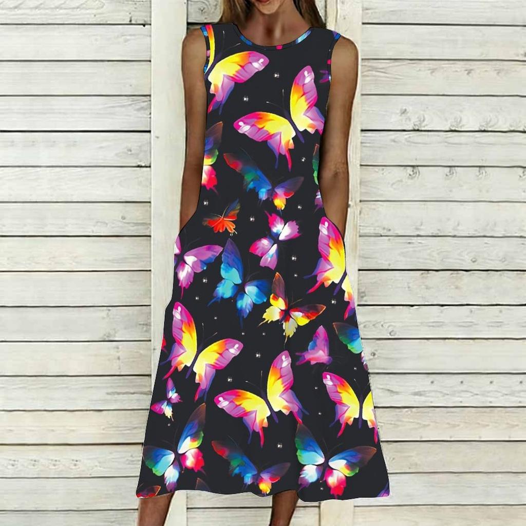 Plus Size Ladies Sleeveless Round Neck Dress Bold Tropical Palm Leaves Flowy Calf Length Dress