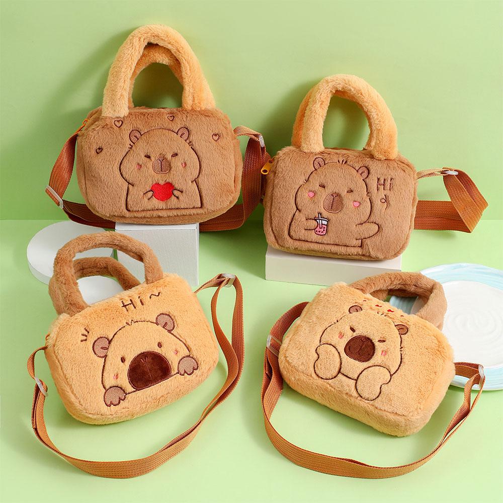Stylish Cute Embroidered Capybara Plush Handbag Kawaii Carto Plush Shoulder Bag Lightweight Soft Small School Bag Square Bag