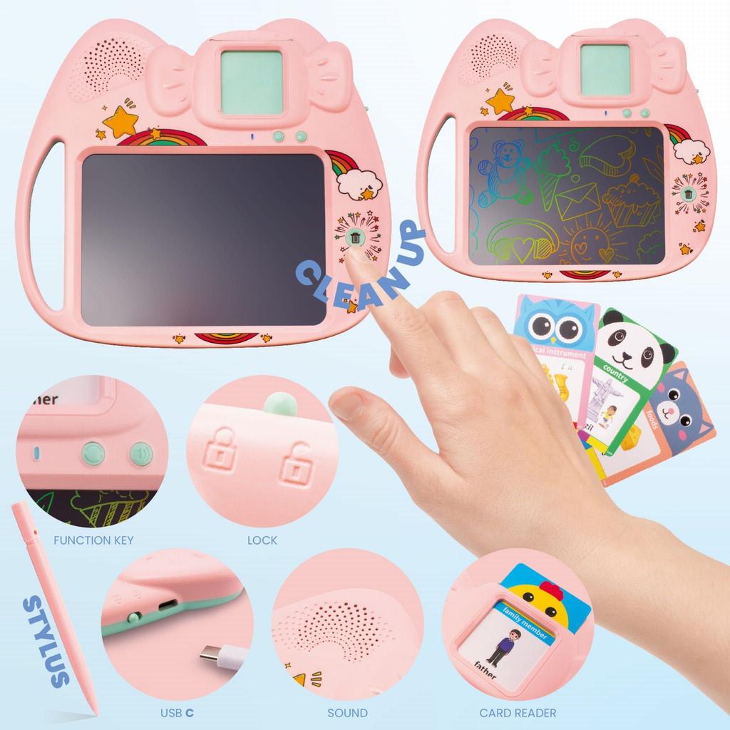 Drawing Tablet Disappearing Pen Card Reader for Learning English 2-in-1 112 Double-Sided Cards Pink Sun Baby