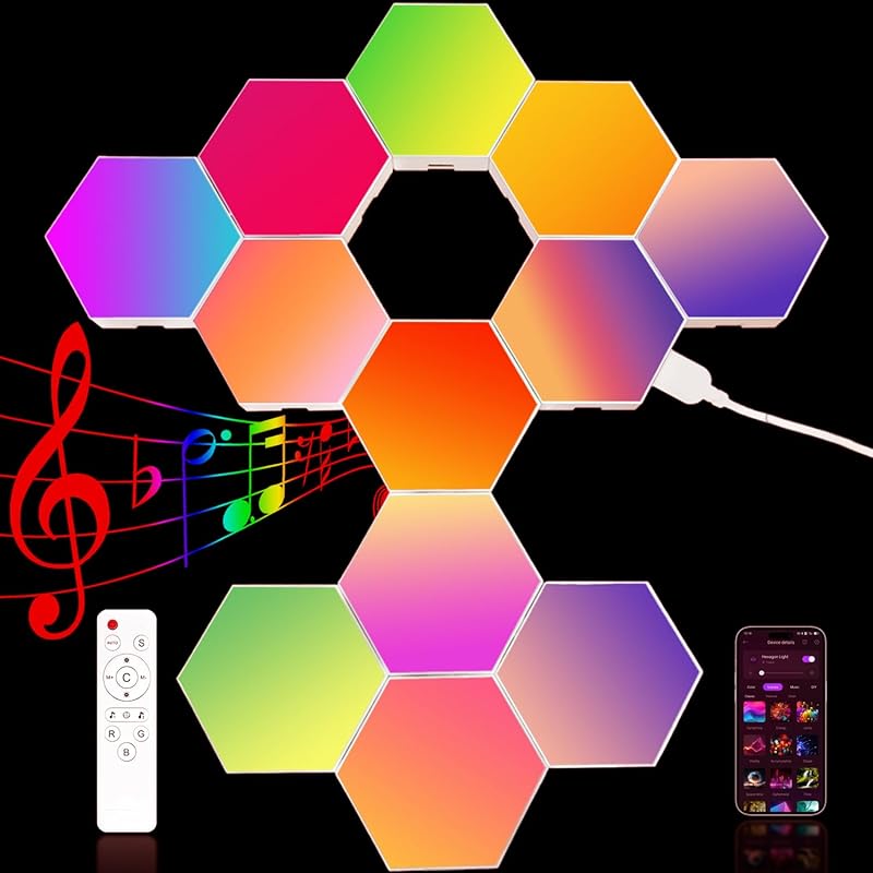 8 Pack Hexagon Lights for Wall LED, Hexagon LED Lights That Sync with Music, APP & Remote Controls Hex Lights, RGB LED Wall Panels for TV, Bedroom,