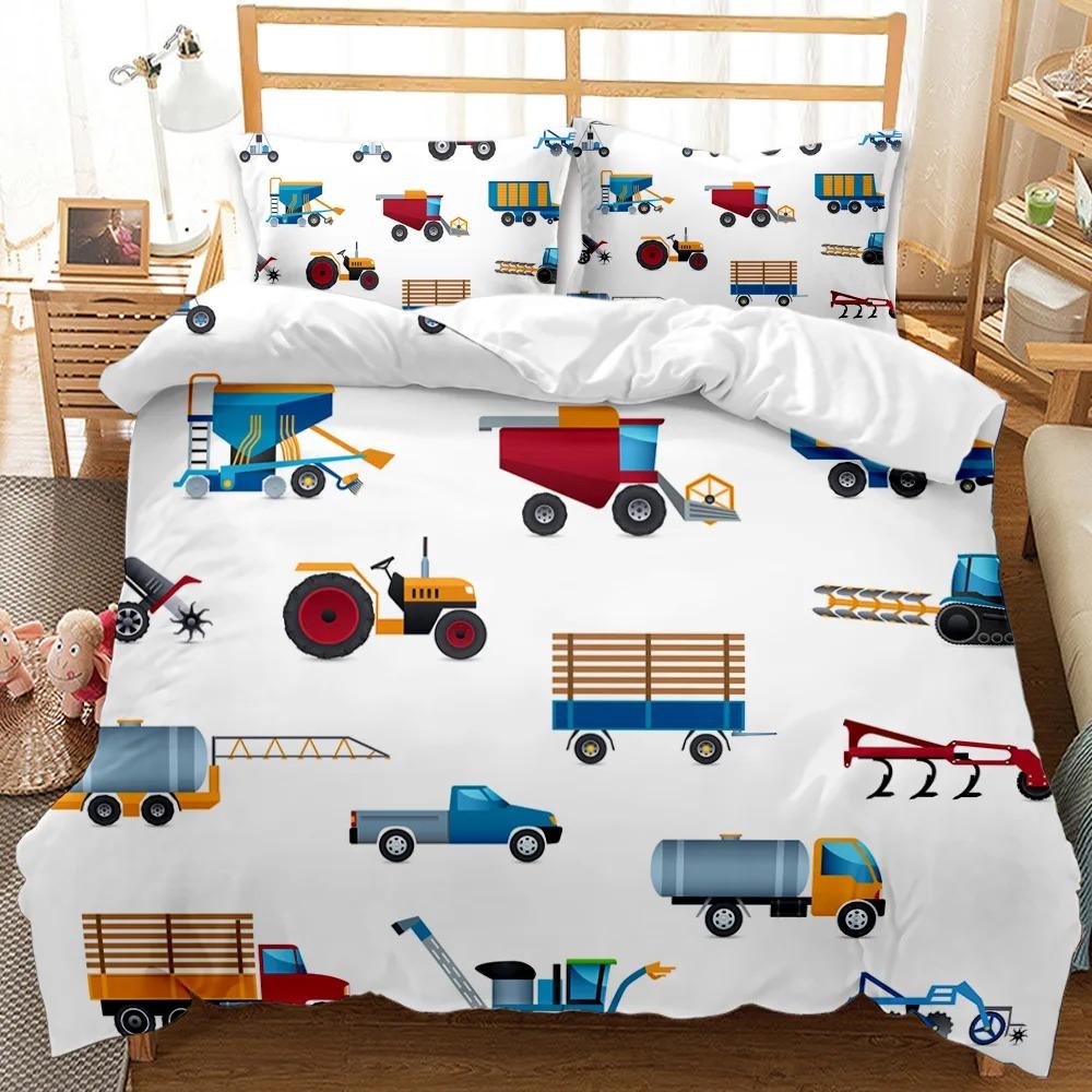 Boys Cartoon Car Bedding Set Full Construction Vehicles Comforter Cover Kids Cartoon Machinery Truck Soft Polyester Duvet Cover