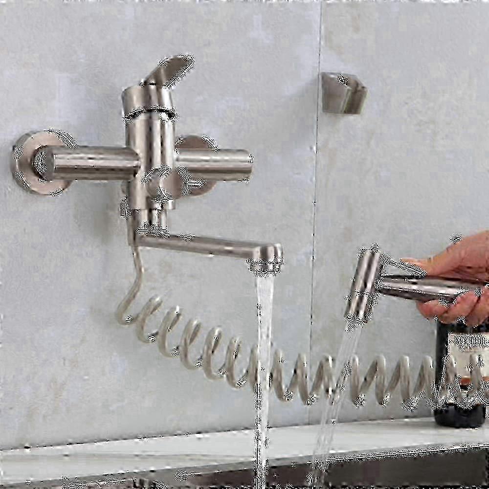 Single Handle Kitchen Faucet Wall Mounted With Hand Shower, With Spray Gun, Kitchen Sink, Stainless Steel Faucet, Hot/cold Water, Laundry Tub, Rotatab