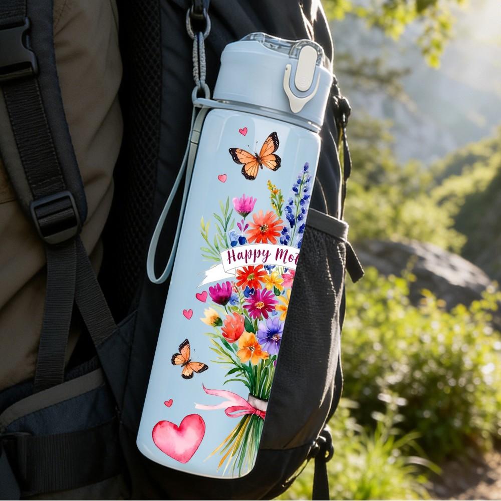 1PC Heart Shaped Bouquet Butterfly Pattern 750ml Color Plastic Sports Water Bottle Leakproof Flip Straw Lid Suitable for Sports Office Home Use