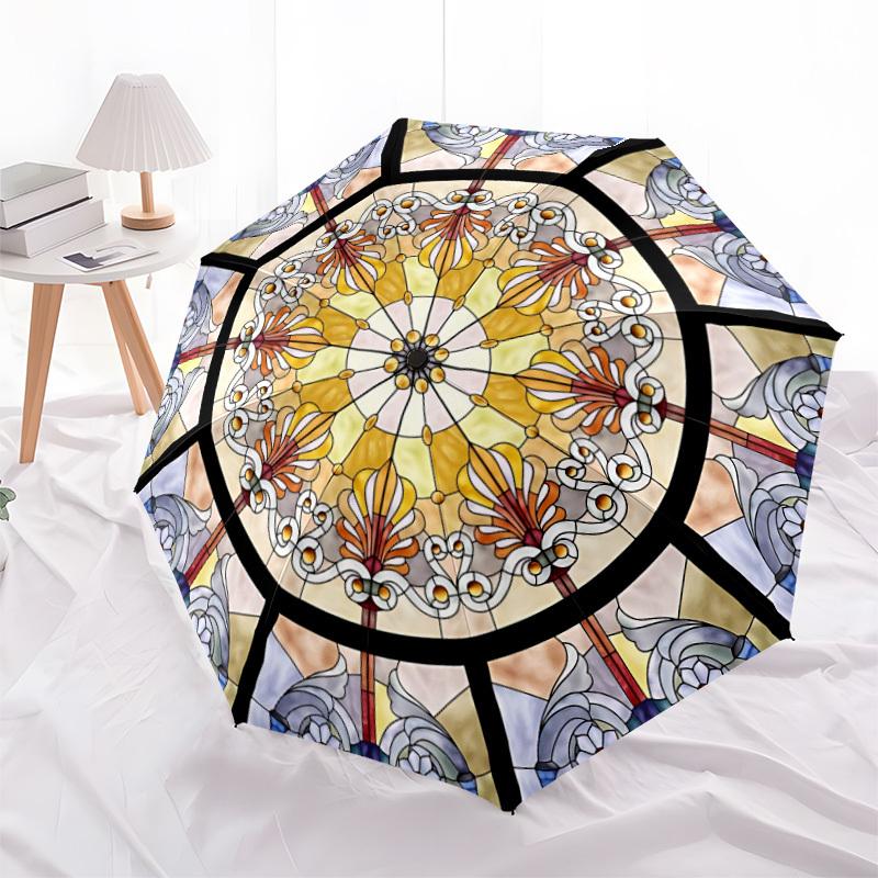 1pc Stained Glass Mandala Automatic Folding Umbrella, Lightweight Retractable Compact Travel Umbrella, 8-Rib Sturdy Frame, Fine Outdoor Umbrella135