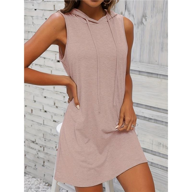 Sudadera con Capucha y Bolsillo Slim-fit con Cordón Deportivo Casual para Mujer de Color Sólido Corta sin Mangas