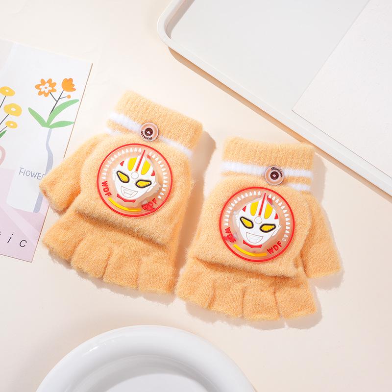 Kids' Cartoon Knitted Flip-Top Fingerless Winter Gloves - Unisex, Warm, Velvet-Lined, Thickened