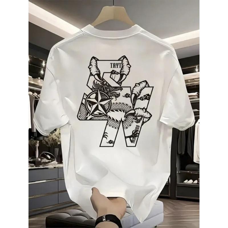 Men'S Cotton T-Shirt - Black & White Dragon Graphic Tee, Soft Breathable Fabric for Everyday & Formal Wear - All-Season Casual Shirt for Men