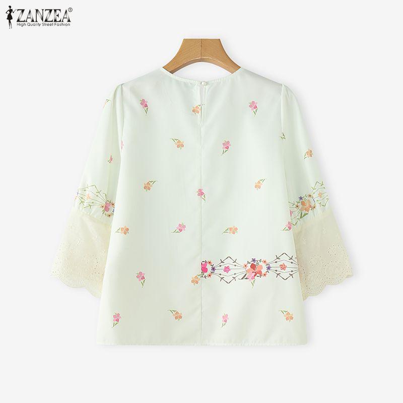 ZANZEA Women Round Neck 3/4 Sleeve Casual Floral Print Blouse