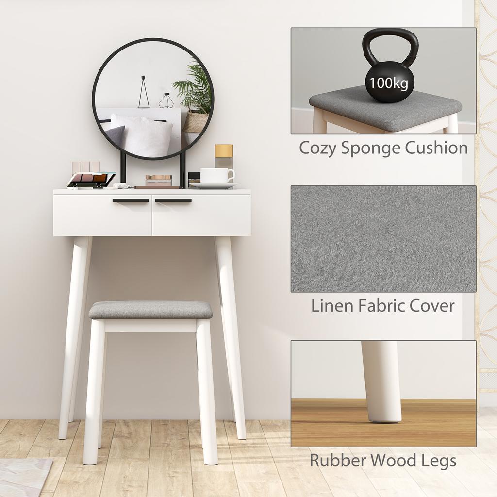 Modern Dressing Table with Round Mirror and Stool, Makeup Vanity Table with 2 Drawers for Bedroom, Living Room, 60 x 40 x 123 cm, White