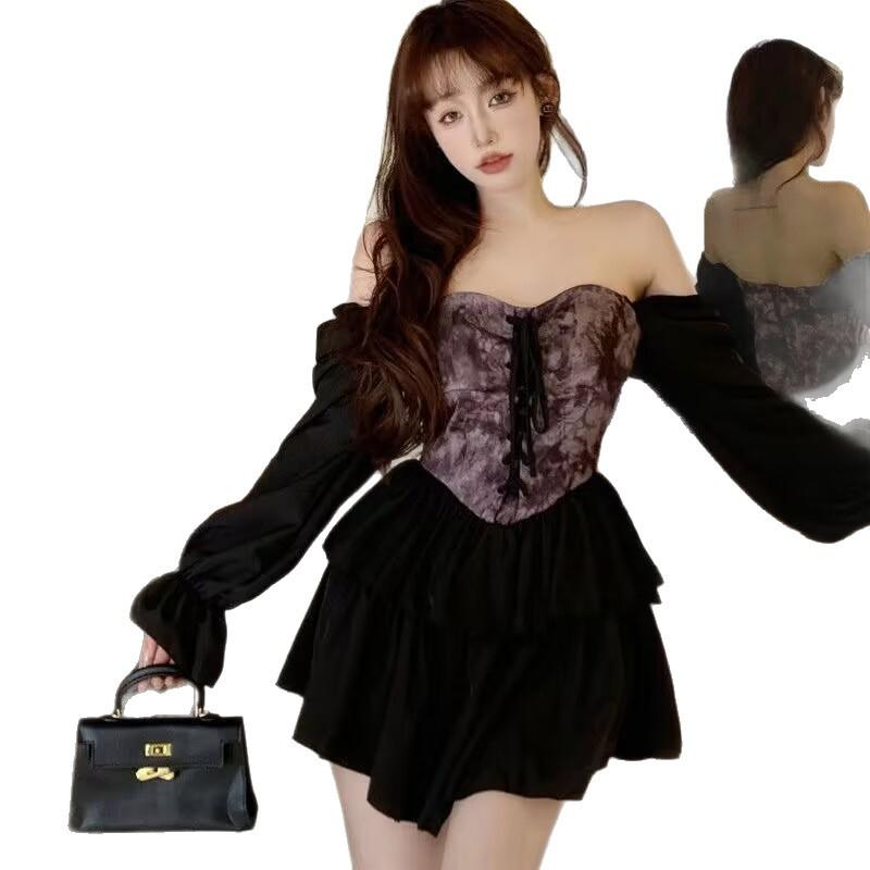 Summer niche thin new smokescreen retro shoulder two wear tie-dye court dress popular