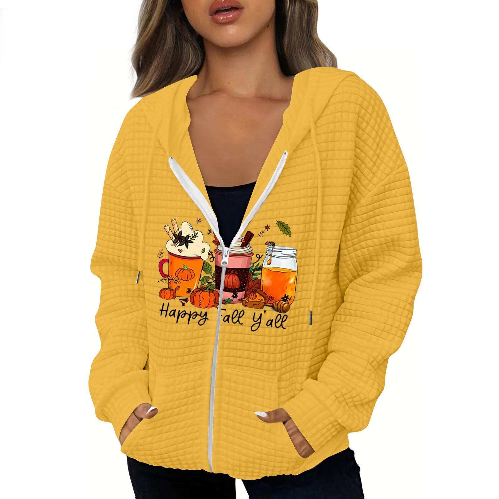 

Women s Fall And Winter Casual Fashion Hoodie Sweatshirt Thanksgiving Printed Zipper Jacket With Pocket L жовтий