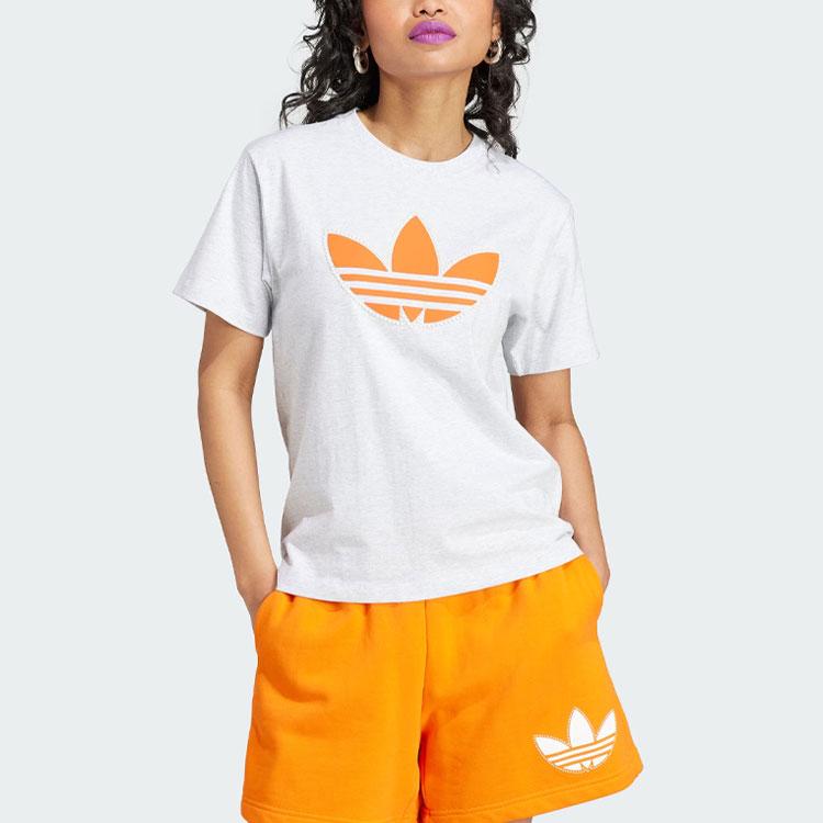 Adidas Originals Pearl Trefoil Tee With Logo Print Short Sleeve Women Tops Light-Hemp-Gray IL2424