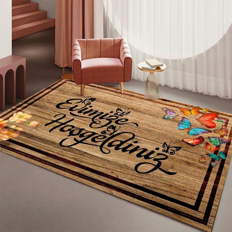 

Turkish Evimize Hoşgeldiniz Welcome Rug Wood Grain Doormat NonSlip Easy Clean Warm Carpet for Living Room Bedroom Pet Friendly 40X60cm