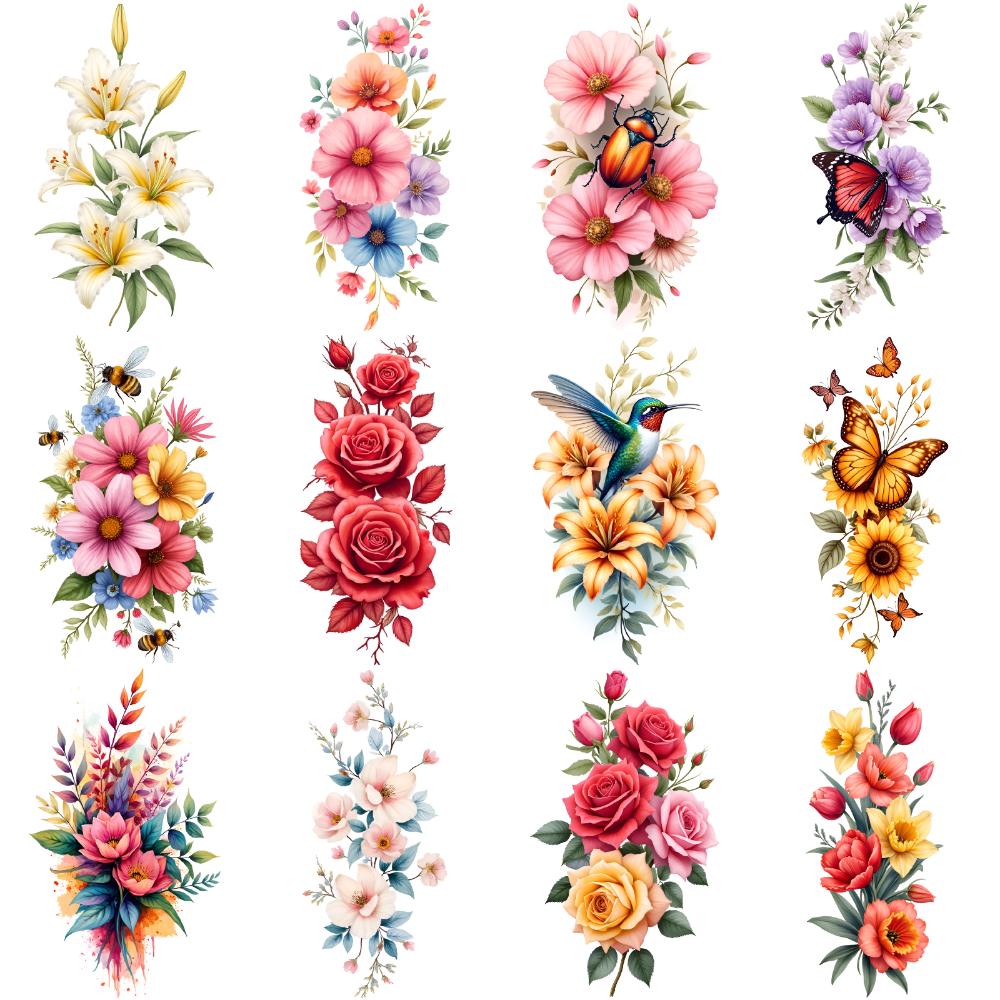 12pcs Temporary Tattoo Floral Tattoos Waterproof Long-lasting Body Stickers Hummingbird Tattoos Butterfly Tattoos For Thighs
