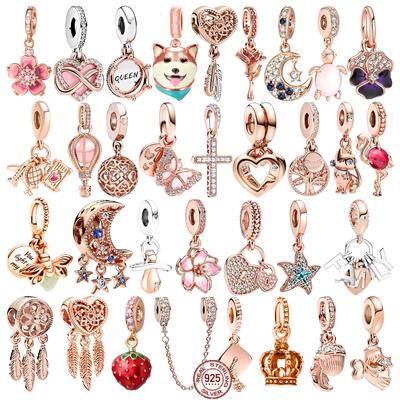 Hot Fine Rose Gold Plated Series S925 Sterling Silver Visací přívěsek Korálky Fit Originální náramek DIY šperky Dárek pro ženy