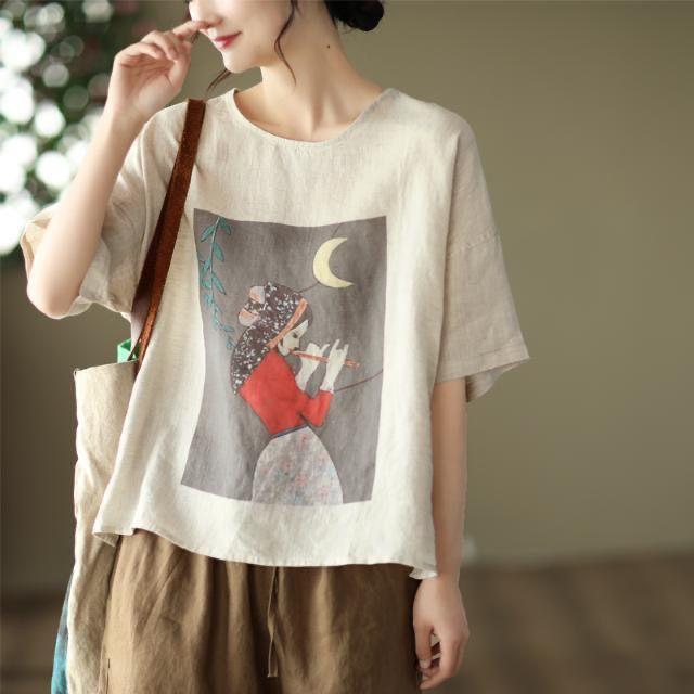 New Summer Retro Literary Printed Cotton and Linen Top for Women's Loose Round Neck Short-sleeved T-shirt Versatile Head