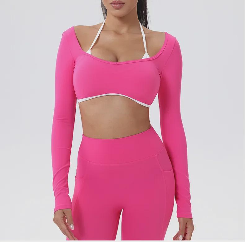 European-American Contrast Long-Sleeve Quick-Dry Yoga Top with Beautiful Back and Built-in Bra