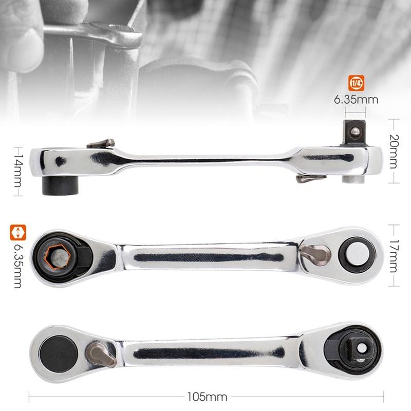 2 In 1 Mini Double Ended Quick Socket Ratchet Wrench Rod 1/4 Inch Screwdriver Bit Tool Chrome Vanadium Steel Ratchet Handle Wrench