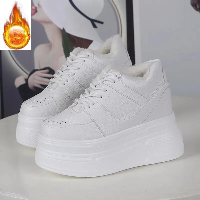 Fashion Woman Plush Warm Winter Sneakers Women High Top Cotton Sport Shoes 12CM Casual Lace Up Female Platform Shoe Zapatillas Mujer