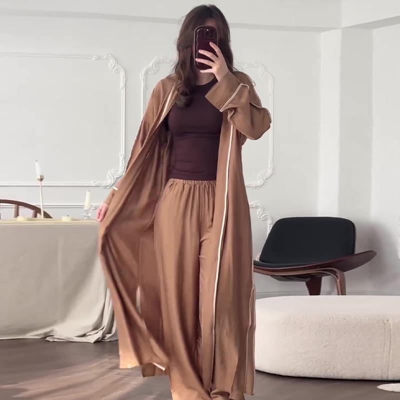 Autumn 2024 Women's Casual Solid Color Long Robe Two-Piece Loungewear Set