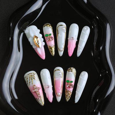 Handmade Metal Style Cherry Pearl Gemstone Cross Nails - Cute European & American High-End Nail Art