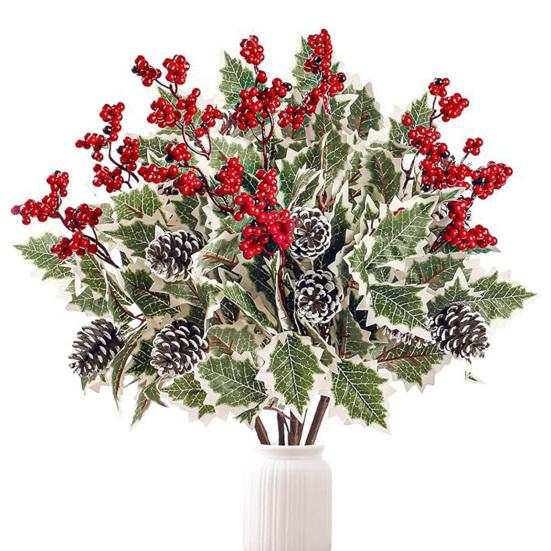 6Pcs Artificial Plants with Holly Berries Pine Cones Faux Greenery Branch Fake Red Berries Green Plants Stems Christmas Holiday Party Decoration