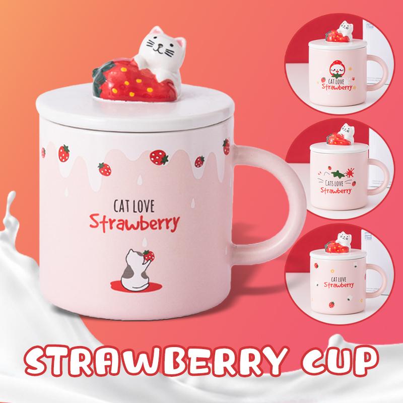 Lovely strawberry Cup Ins Coffee Mug Creative Water Milk Breakfast Cups Cartoon Cat Ceramic Mugs With Lid Spoon Gift