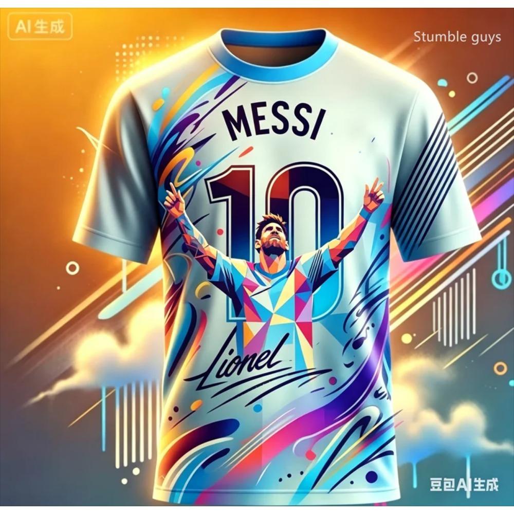 Herren Sommer Messi Grafik T-Shirt Klassisch Fußball Sport Kurzarm Oberteile Kinder Jungen Freizeit Trikot-T-Shirts Training Straße 2XL blue
