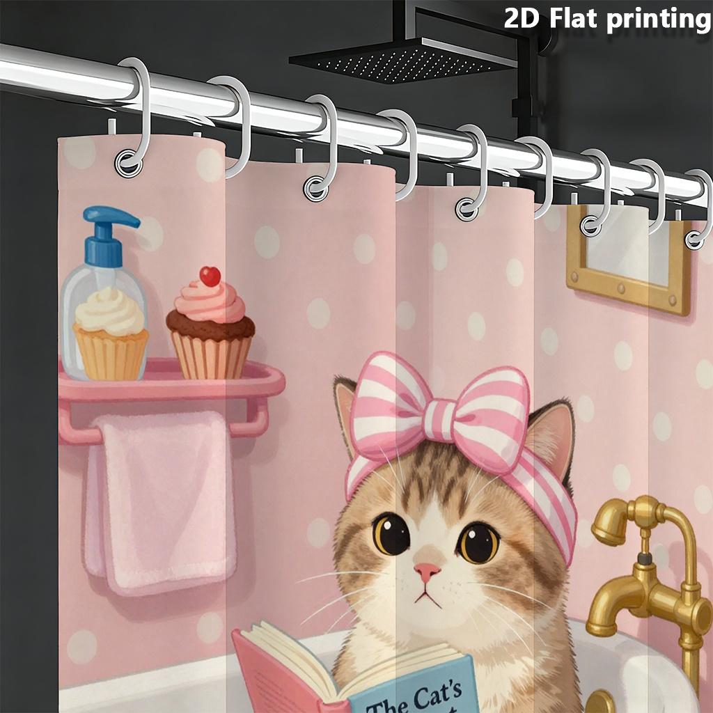 Cute Cat Reading In Bathtub Shower Curtain Waterproof Moisture Proof Privacy Protection Print Pink Polka Dot Design Elevatespace