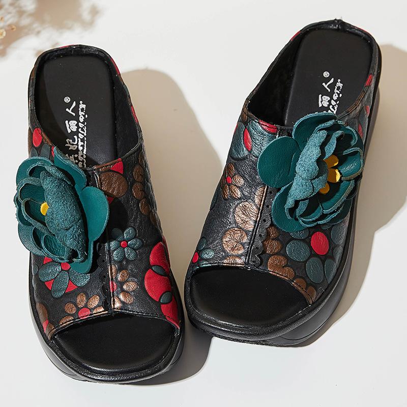 Fashion GKTINOO 2025 Retro Slippers Genuine Leather Shoes Handmade Slides Flip Flop On The Platform Clogs For Women Flower Woman Slipper