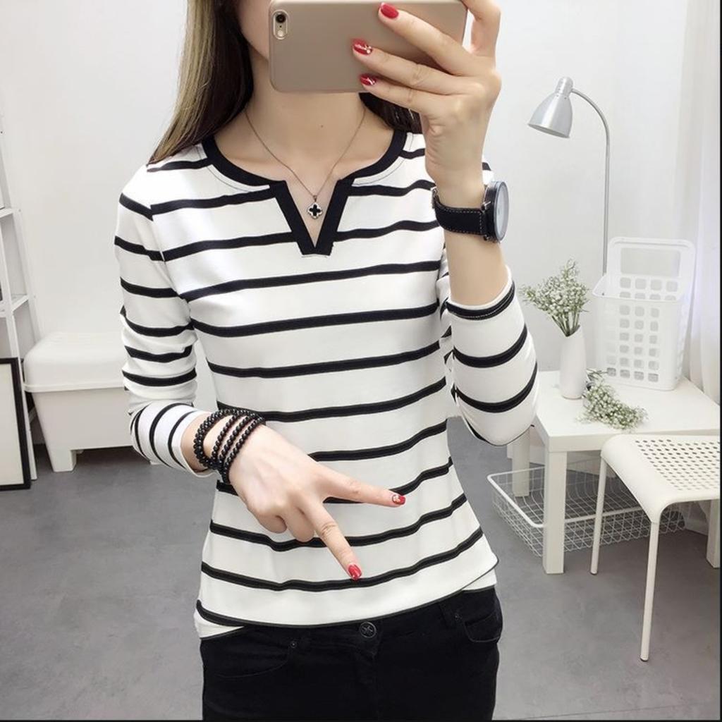 Women's V Neck Long Sleeve Striped T Shirt Slim Fit Casual Tee Basic Tops