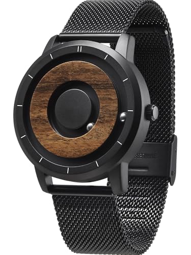 EUTOUR Мужские деревянные магнитные часы, Модные спортивные кварцевые часы с черным циферблатом и черным браслетом из нержавеющей стали, Сетчатый ремешок