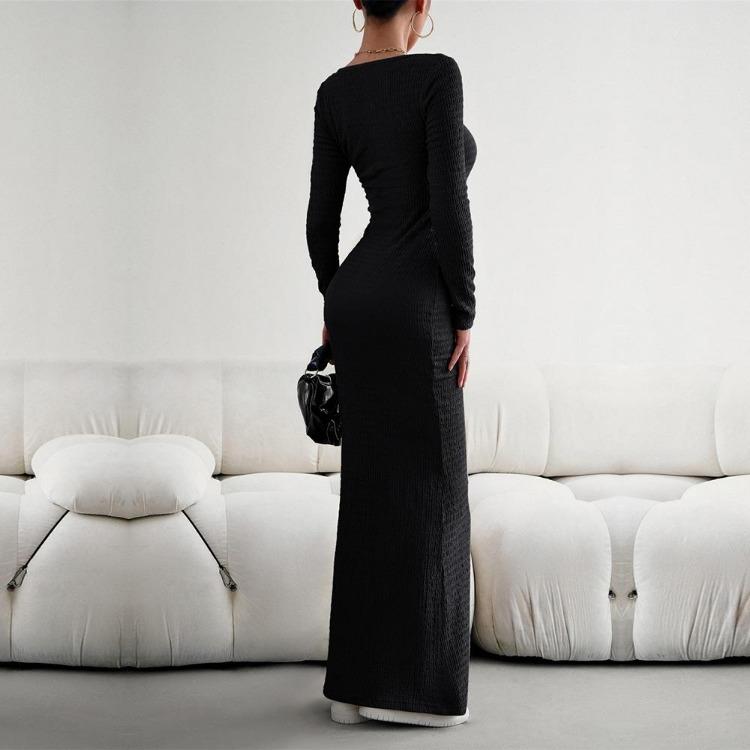 Rochie Tricotată Toamnă Femei Culoare Solidă Croială Slim Fit Mânecă Lungă Gât Pătrat