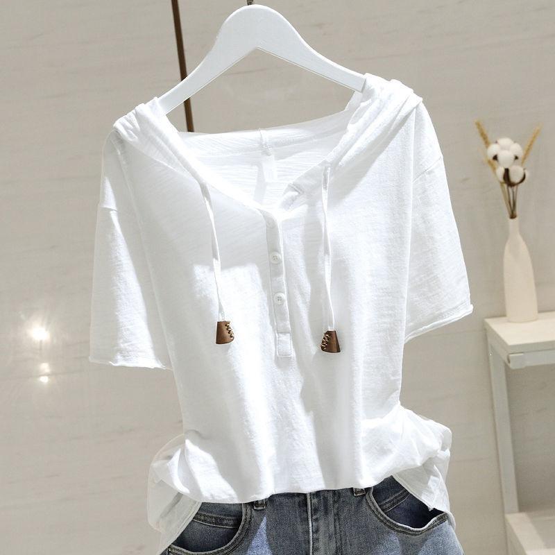 Women s White Short Sleeve Hooded Oversized Slimming T-Shirt for Spring Summer 80 белый