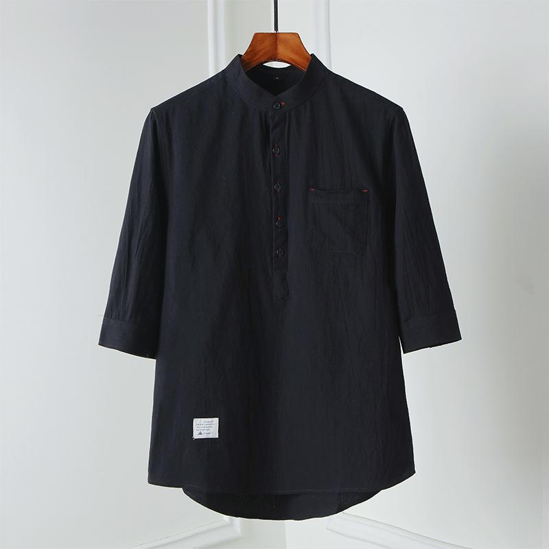 

Летняя мужская футболка с коротким рукавом из хлопка и льна, новая свободная одежда с рукавом до локтя, летняя одежда с рукавом три четверти 4XL чёрный