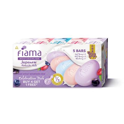 Fiama Moisturizing Soap Bars Celebration Pack, Japanese Hokkaido Milk & Berries, Soaps Pack Of 5 (625g), Non-Sticky Moisturized Skin, 1/3Rd Skin Moist