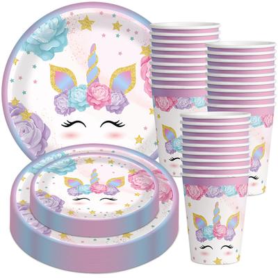 Unicorn Birthday Party Theme Tabletop Arrangement Paper Cutlery Paper Cups Paper Plates Knives Forks Spoons