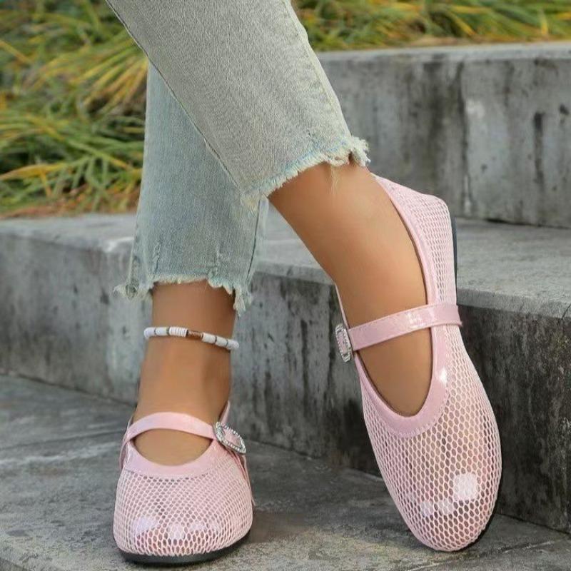Mesh Cutout Breathable Flat Shoes Women's Round Toe Shallow Mouth Slip Strap Soft Slip Single Shoes