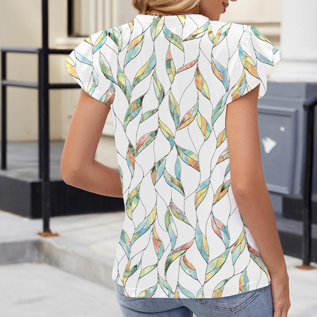 Women's Fashionable Casual Printed Ruffle Edge Shirt Button Short Sleeved Top Short Sleeved Top