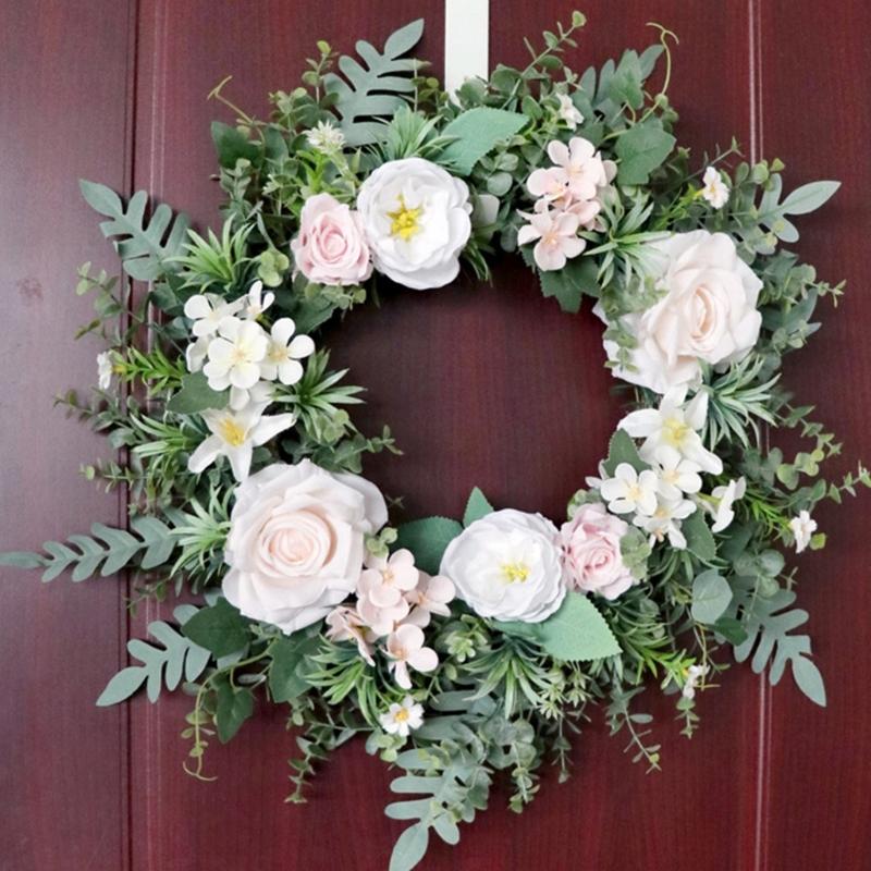 Artificial Rose Flower Wreath 19.69" Spring Wreath for Outdoor Front Door Indoor Weddings Window or Wall Décors Gifts
