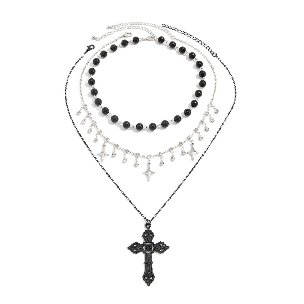 Dark Punk Style Cross Beaded Necklace, Sweet Cool Shining Stars Zircon Stacked Collarbone Chain
