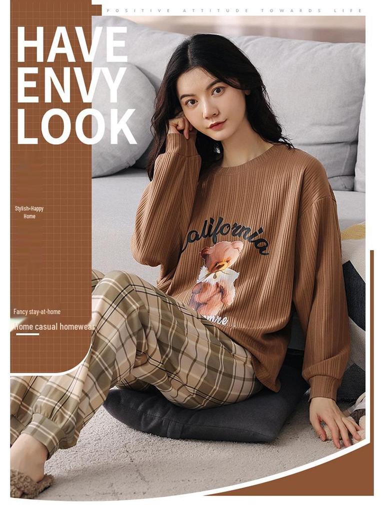 2025 Women's Spring & Autumn Cute Cartoon Cotton Pajamas - Long Sleeve & Pants, Comfortable Pullover for Homewear