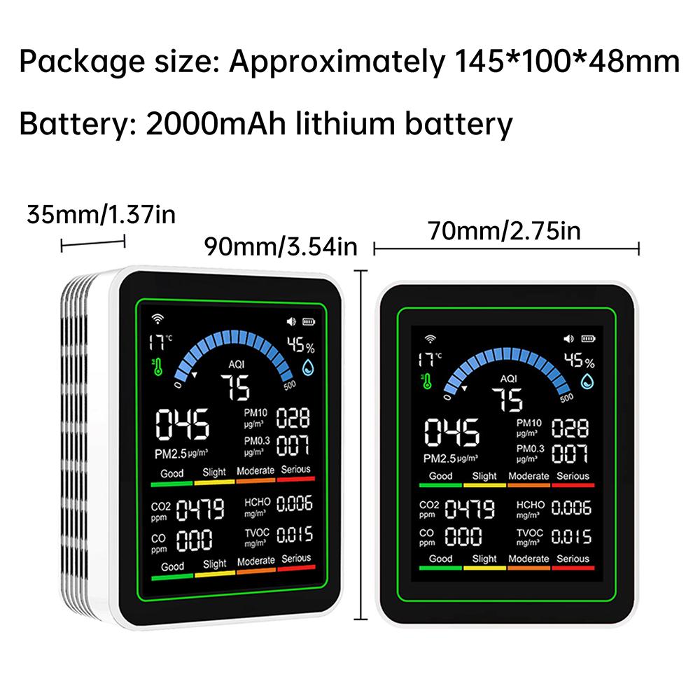 Upgraded 10-in-1 Air Quality Detector with 24-Hour Battery Life PM2.5 Formaldehyde TVOC Temperature Humidity CO2 Monitor