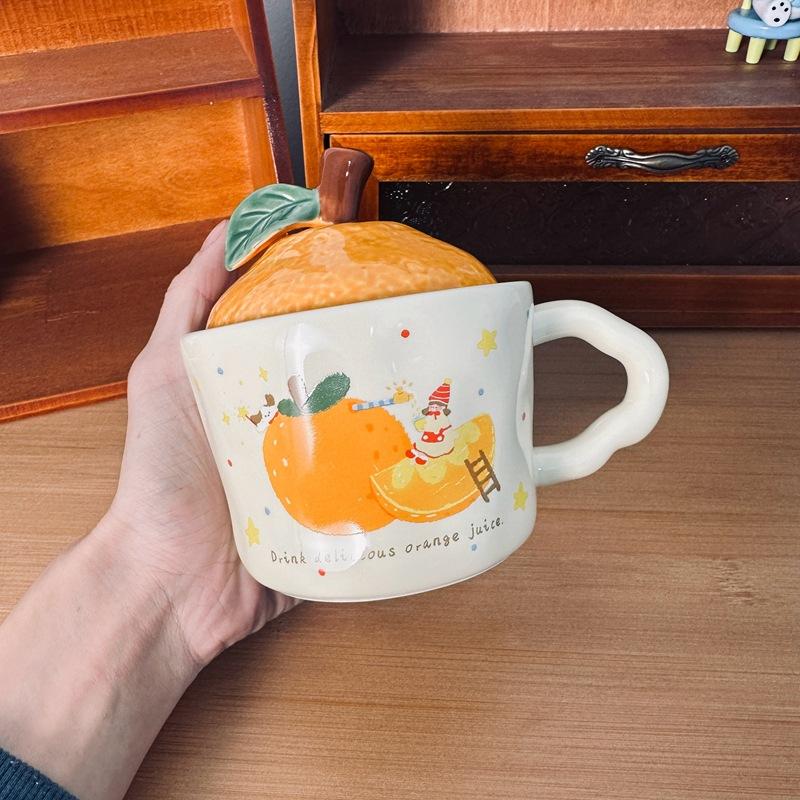 Daji Dali Orange Ceramic Cup with Lid Cute Cat Mug New Year Gift Coffee Cup Office Water Cup