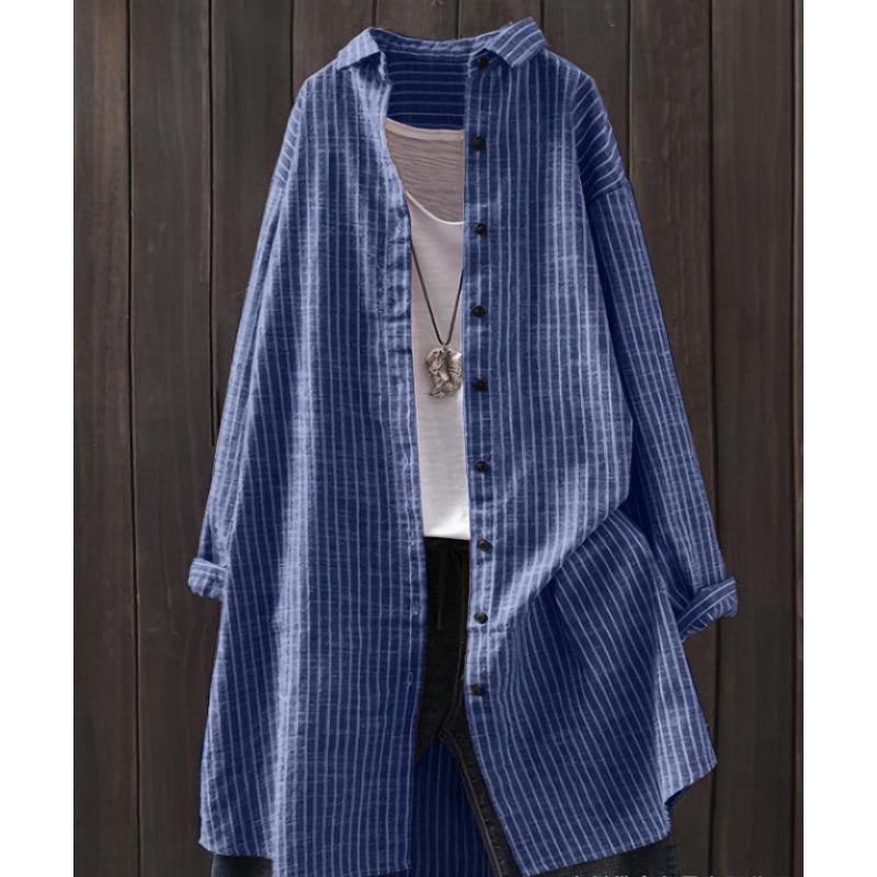 New Women's Cotton and Linen Striped Shirt, Mid Length Long Sleeved Pocket Top